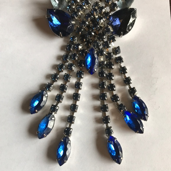 Vintage brooch earring set Blue Rhinestone Navette - Picture 2 of 8